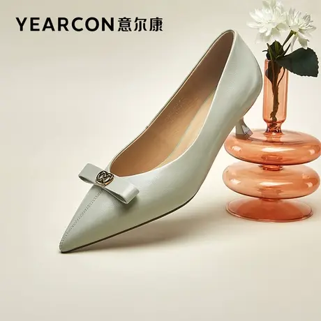 意尔康女鞋春秋女士尖头羊皮单鞋浅口皮鞋细跟中跟职业工作鞋气质商品大图