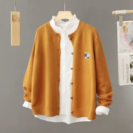 黄色学院风针织开衫女春秋慵懒风高级感温柔软糯内搭圆领毛衣外套图片