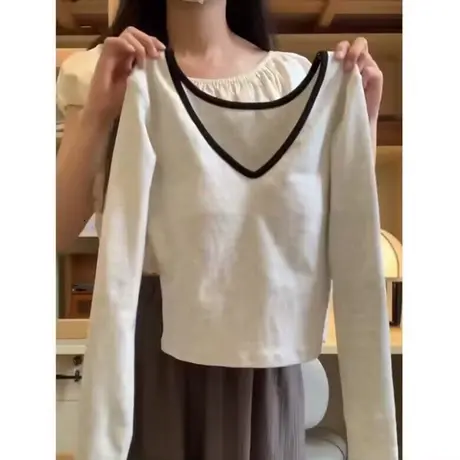 撞色V领T恤长袖女2024新款春装韩版百搭显瘦修身打底衫上衣短款商品大图