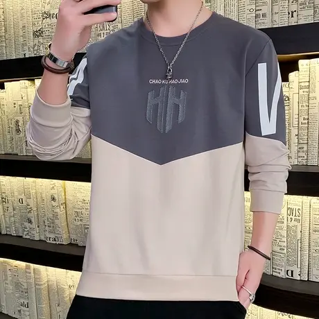 长袖t恤男卫衣2022春秋新款潮牌潮流宽松圆领拼色绣花体恤上衣服商品大图