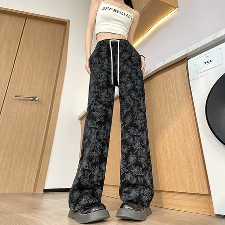 黑色直筒阔腿裤女春秋新款高腰宽松垂感显瘦民族风印花休闲长裤子图片