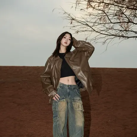 美式复古纯色皮衣女春季2024年新款情侣上衣街头宽松PU皮夹克外套商品大图