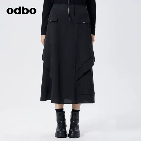 odbo/欧迪比欧时尚工装风立体裁剪拼接黑色半身裙女春季新款百搭图片