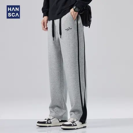 hansca条纹休闲长裤男秋季潮牌灰色重磅直筒宽松运动阔腿垂感卫裤商品大图