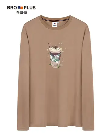 胖哥哥大码男装长袖纯棉T恤 加肥加大宽松长沙网红奶茶休闲打底衫商品大图