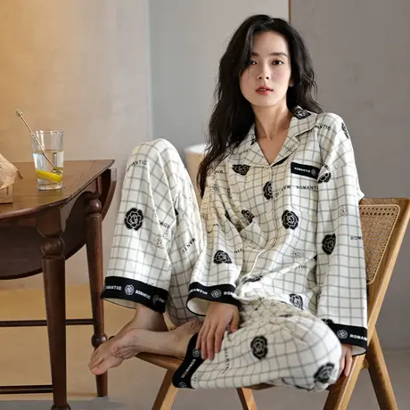 婷美纯棉睡衣女秋冬季长袖开衫甜美ins风高颜值春秋款家居服套装商品大图