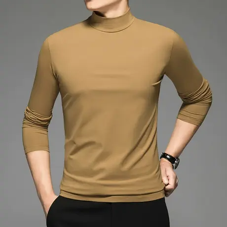 莫代尔长袖t恤男纯色半高领打底衫秋冬潮流内搭中领体恤秋衣小衫商品大图