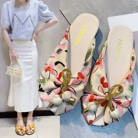 包头半拖鞋女夏2023年新款时尚百搭平底女鞋拖鞋网红穆勒凉拖外穿商品大图