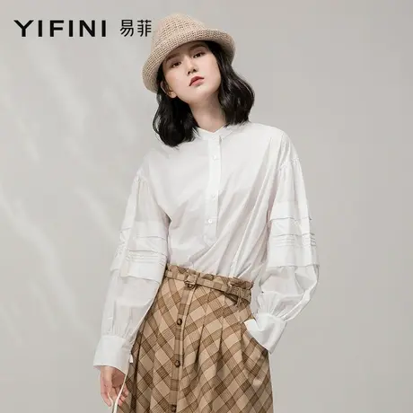 Yifini/易菲宽松短款梭织上衣白衬衫女春秋季新款休闲长袖上衣商品大图