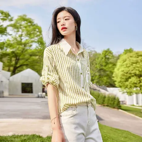 时尚气质条纹五分袖衬衫2023年夏季新款淑女温柔百搭宽松显瘦上衣商品大图
