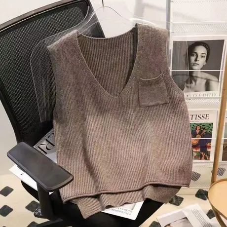 马甲背心针织女宽松外穿2023年秋级新款洋气口袋纯色V领毛衣坎肩图片