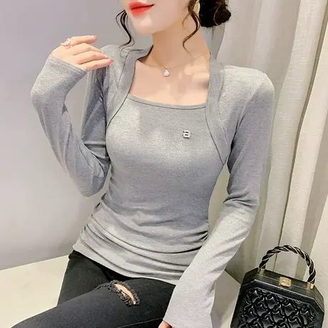 2023新款性感修身打底衫内搭设计感百搭上衣气质方领长袖T恤女装图片