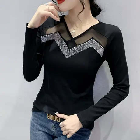 网纱拼接打底衫女内搭洋气烫钻修身显瘦上衣性感V领别致T恤长袖秋商品大图