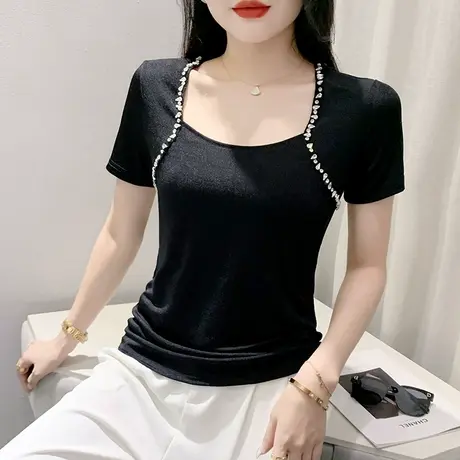 2023夏季新款性感方领短袖上衣女气质修身T恤时尚钉珠别致小衫潮商品大图