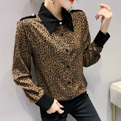 2023春秋新款时尚豹纹翻领衬衫女长袖欧货设计感小众洋气复古上衣图片
