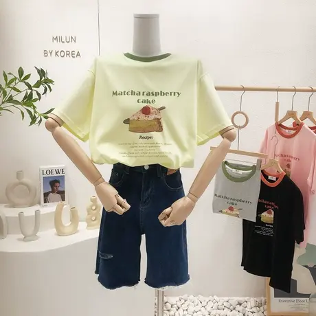 ins油画风韩系甜美上衣女2022夏季新款韩国东大门清爽拼色T恤大码图片