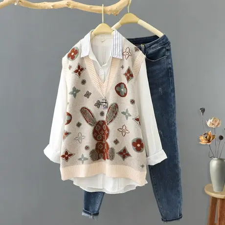 文艺范提花V领针织马夹女背心秋装新款韩范套头无袖打底毛衣坎肩图片