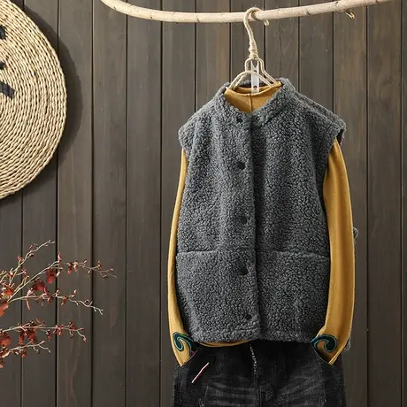 枫谜2021年秋冬新款文艺简约颗粒绒马甲女立领羊羔毛坎肩保暖上衣图片