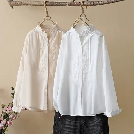 春季文艺蕾丝拼接镂空提花花边立领纯棉白衬衫女宽松叠穿长袖上衣图片