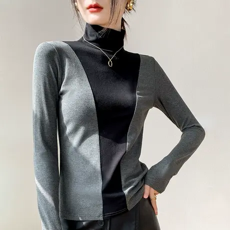半高领撞色磨毛长袖上衣女士2023早春新款修身西装内搭打底衫t恤商品大图
