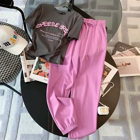 网红盐系炸街运动服套装女夏季薄款宽松短袖长裤小个子休闲两件套商品大图