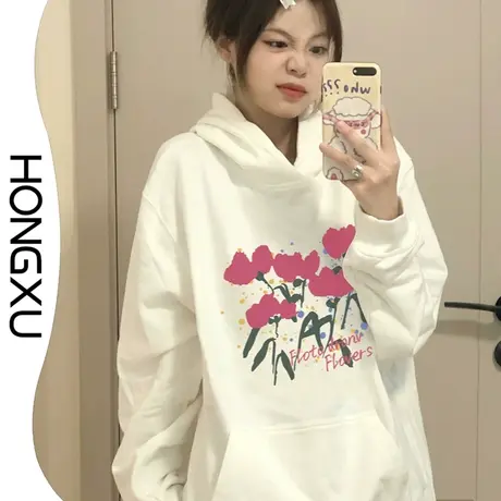 红续秋冬新款甜美白色连帽卫衣女2023ins田园风印花加厚上衣显瘦图片