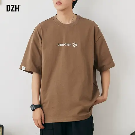 男生美式短袖男潮牌潮流咖色纯棉t恤重磅夏季男装半袖上衣体恤衫商品大图