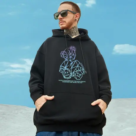 2023新款潮牌胖子男装连帽宽松小熊上衣加绒大码情侣装卫衣春秋季图片