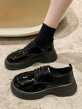 厚底乐福鞋女2023春秋新款松糕学生圆头系带英伦风小皮鞋增高单鞋商品大图