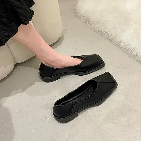 方头粗跟单鞋女2023年新款百搭一脚蹬豆豆鞋小众设计感法式晚晚鞋商品大图