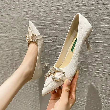 尖头水钻金属扣单鞋女2023年夏季新款性感少女浅口百搭细跟高跟鞋图片