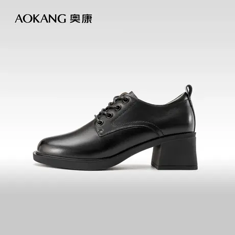 奥康女鞋 春秋款系带单鞋粗高跟皮鞋百搭真皮时尚气质英伦商品大图
