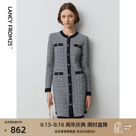 朗姿2023年秋季新款复古小香风针织连衣裙法式通勤气质长袖裙子女商品大图