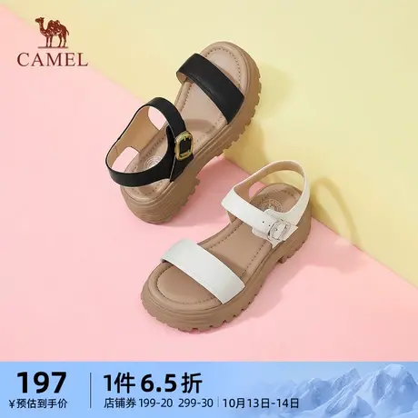 骆驼女鞋2023年夏季新款休闲平底一字带真皮凉鞋女时装厚底凉鞋女图片