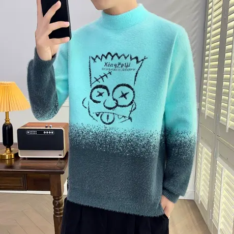 渐变色毛衣男士冬季卡通针织衫男打底衫仿水貂绒加厚保暖内搭毛衫商品大图