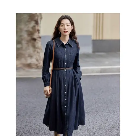 茵曼法式翻领牛仔连衣裙2023秋女装新款收腰大伞摆显瘦长袖中长裙图片