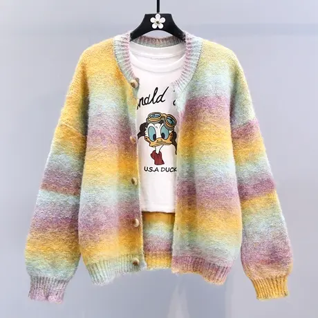 日系温柔风彩色渐变毛衣外套女秋冬2023新款宽松高级感针织开衫商品大图