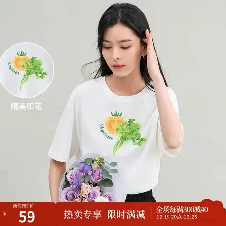 茵曼2023夏女装休闲短袖T恤圆领印花纯棉上衣商品大图