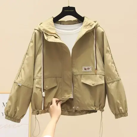 连帽休闲外套女2023秋装新款韩版宽松显瘦字母贴标上衣时尚夹克潮商品大图