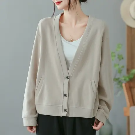 dza复古纯色全棉宽松V领开衫女春秋新款休闲外搭上衣气质长袖外套图片