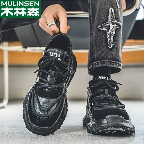 木林森黑色男鞋2023新款潮牌厚底运动休闲鞋工作百搭男士板鞋冬季商品大图