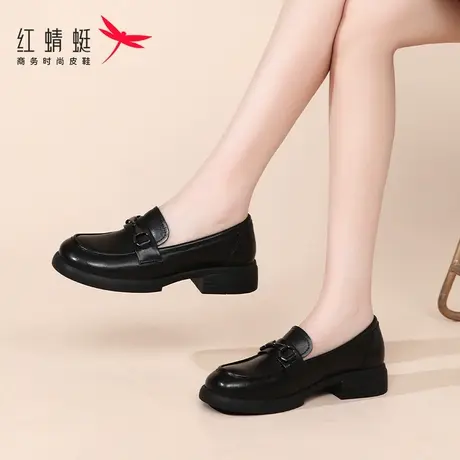 红蜻蜓秋季女鞋新款一脚蹬懒人低跟小皮鞋乐福鞋女真皮单鞋软牛皮图片