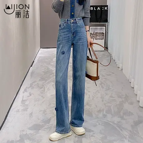 个性花朵小个子窄版直筒牛仔裤女2025年春秋款高腰宽松显瘦阔腿裤商品大图