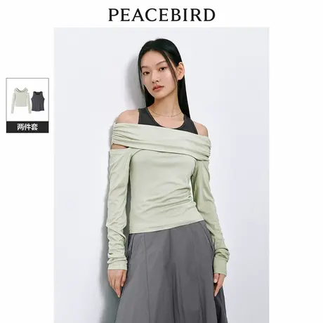 太平鸟两件套露肩上衣女春新款长袖一字肩设计感修身气质小衫图片