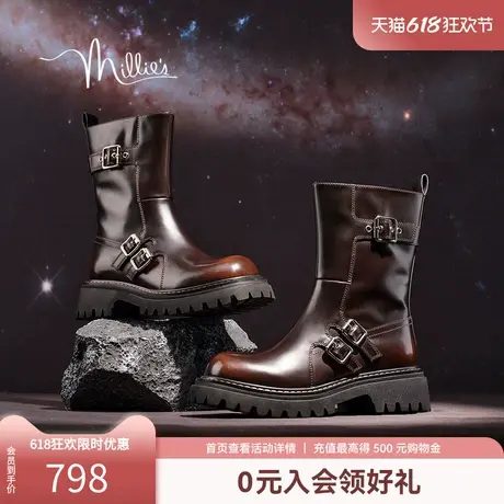 妙丽2025春新款擦色牛皮机车风扣骑士靴增高厚底时装女靴D60W2DZ4图片