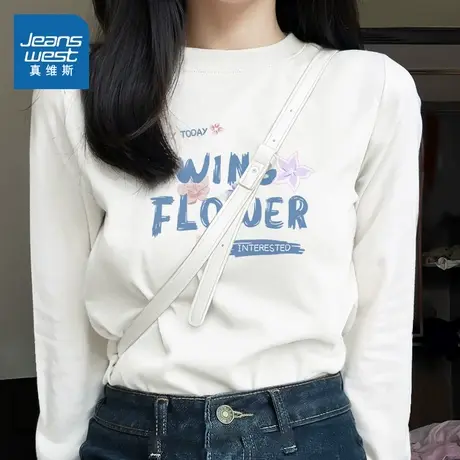 KMV真维斯长袖t恤女2025新款早秋上衣白色内搭纯棉小个子打底衫潮商品大图