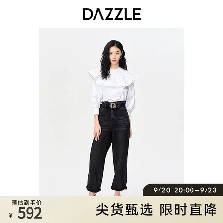 DAZZLE地素奥莱 春季简约卷边设计黑色直筒宽松牛仔裤裤子女商品大图
