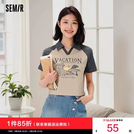 森马POLO衫女短款正肩字母肌理衣服拼接夏季女士宽松上衣翻领短袖图片