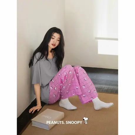 贝妍凉感莫代尔棉睡衣女夏季短袖长裤两件套可爱史努比少女家居服商品大图