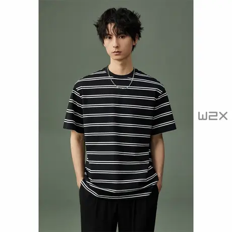 w2x夏季重磅条纹短袖T恤男简约时尚百搭圆领体恤少年感休闲半袖潮商品大图
